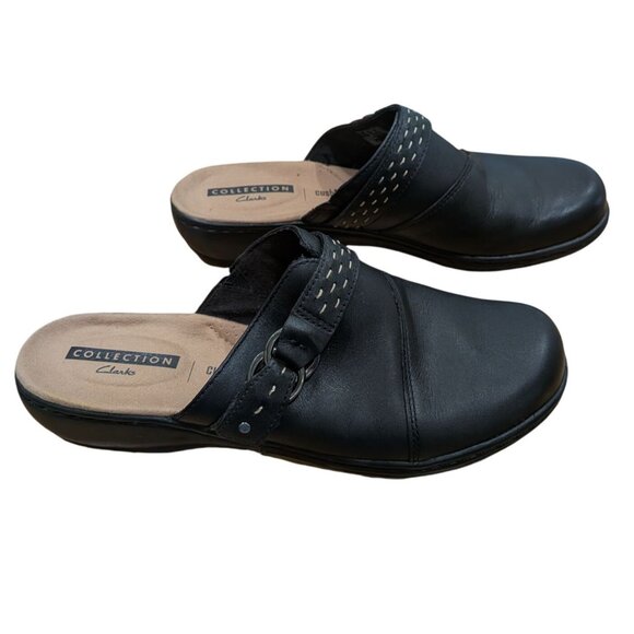 Clarks Collection Leisa Sadie Black Leather Mule Size 7.5 Comfort Slip On Career - Picture 3 of 9